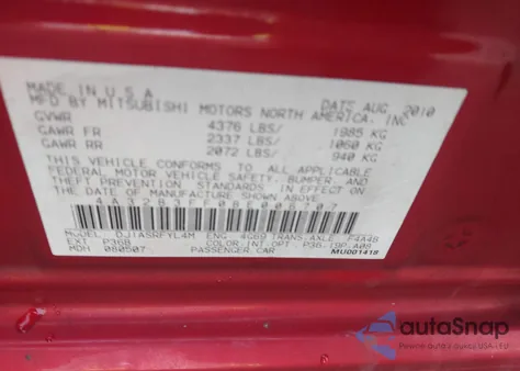 2011 Mitsubishi Galant Es/Se z USA, uszkodzony, nr VIN 4A32B3FF0BE006707